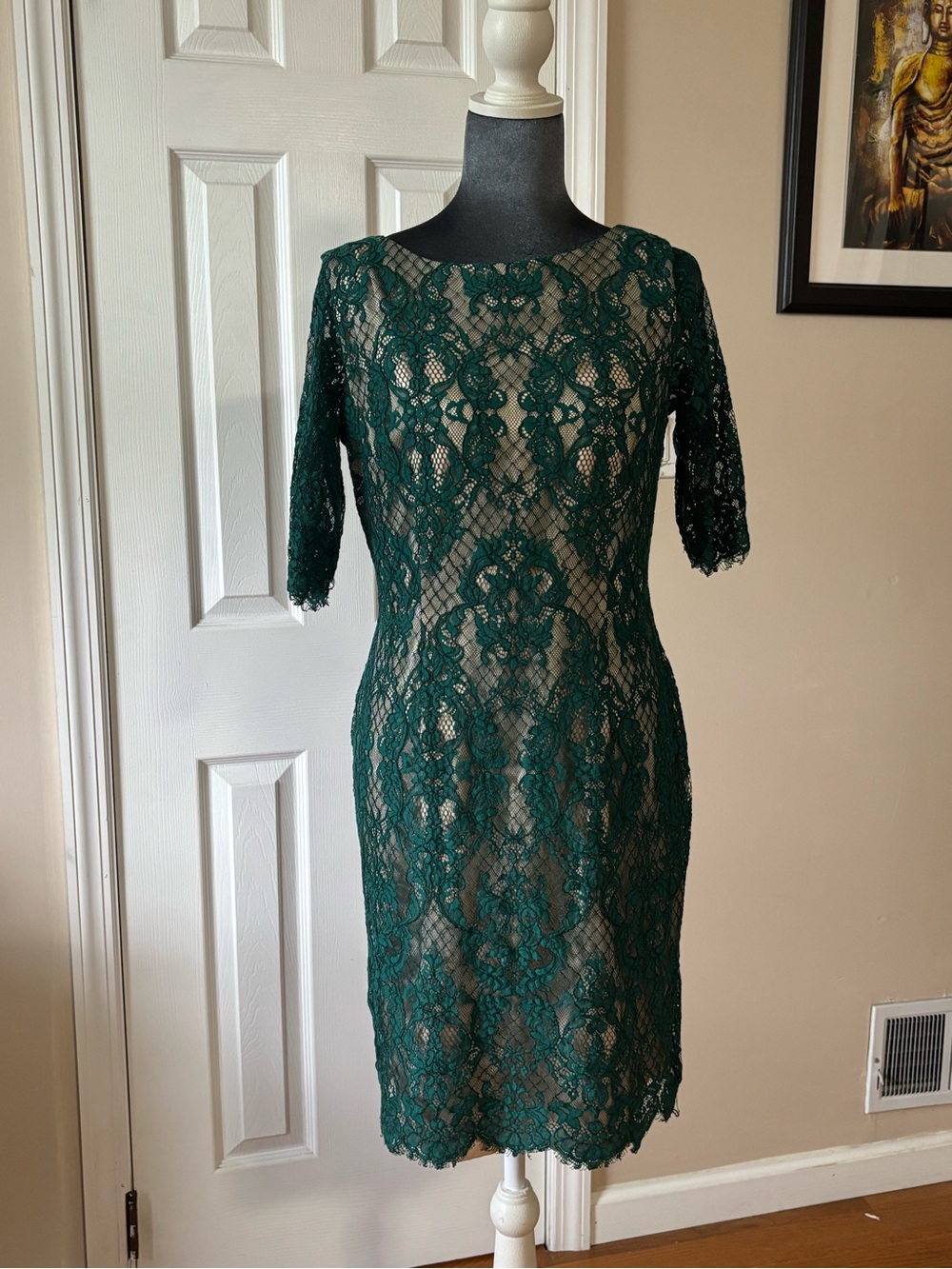 Eliza J Emerald Green Lace Midi Dress with Boat Neck